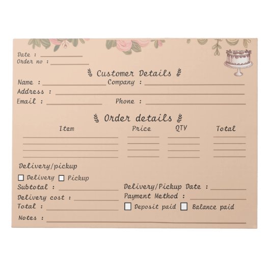 Bloc-note Formulaire de commande de boulangerie de cupcakes  (Devant)
