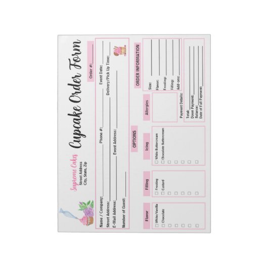 Bloc-note Formulaire de commande de cupcakes Roses à l'aide (Tourné)