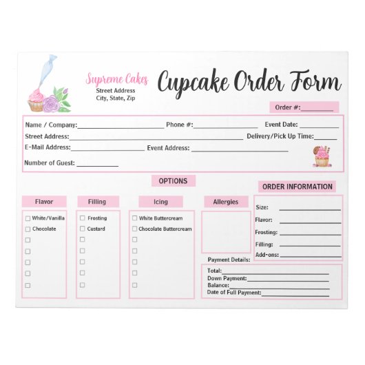Bloc-note Formulaire de commande de cupcakes Roses à l'aide (Devant)