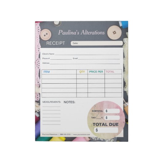 Bloc-note Formulaire de commande de facture Seamstress (Tourné)