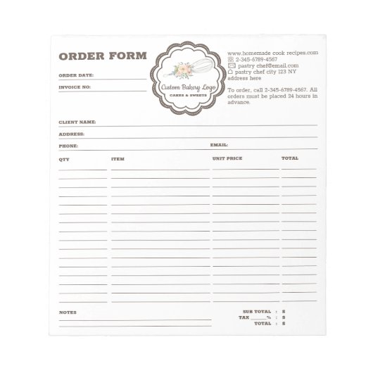 Bloc-note Formulaire de commande de fouet de boulangerie sim (Devant)