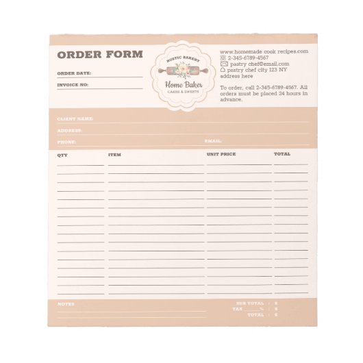 Bloc-note Formulaire de commande de gâteau de pâtisserie de (Devant)