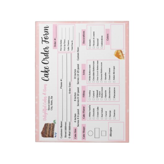 Bloc-note Formulaire de commande de gâteaux pour la pâtisser (Tourné)