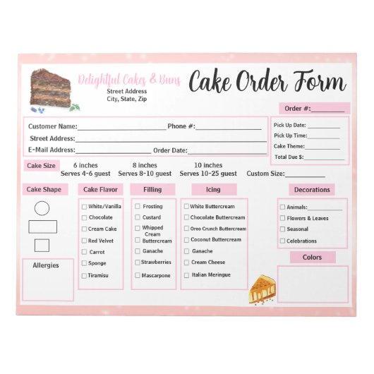 Bloc-note Formulaire de commande de gâteaux pour la pâtisser (Devant)