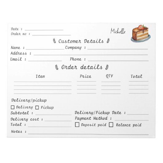 Bloc-note Formulaire de commande de pâtisserie Cupcake Add Y (Devant)