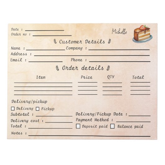 Bloc-note Formulaire de commande de pâtisserie Cupcake Baker (Devant)