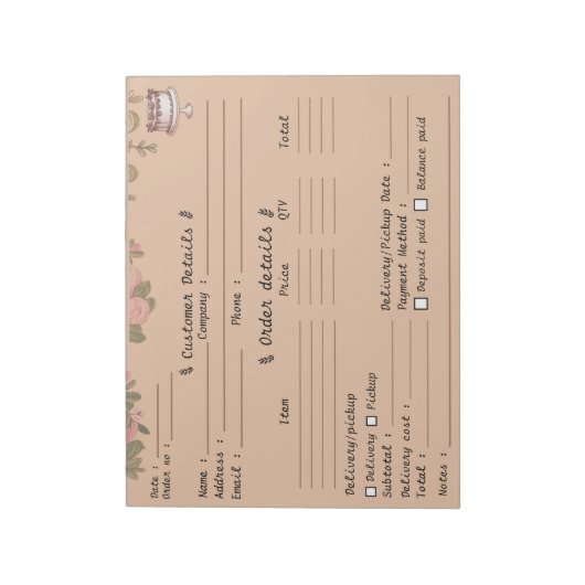 Bloc-note Formulaire de commande de pâtisserie professionnel (Tourné)