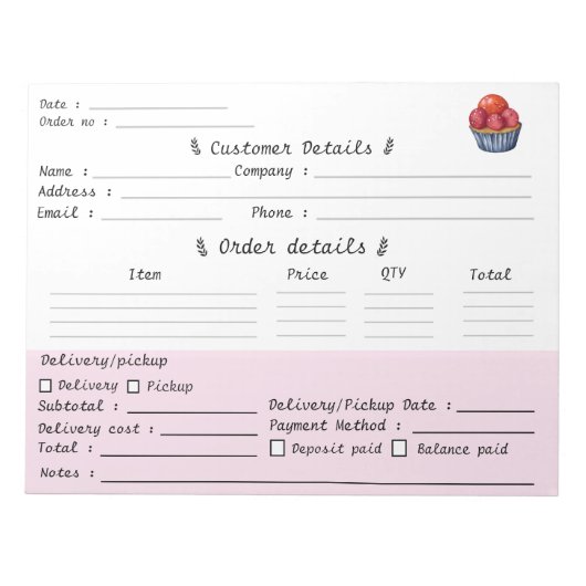 Bloc-note Formulaire de commande de pâtisserie professionnel (Devant)