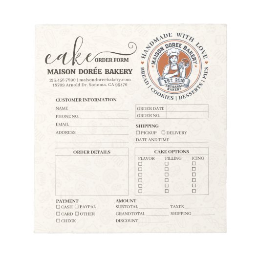 Bloc-note Formulaire de commande de pâtissier de boulangerie (Devant)