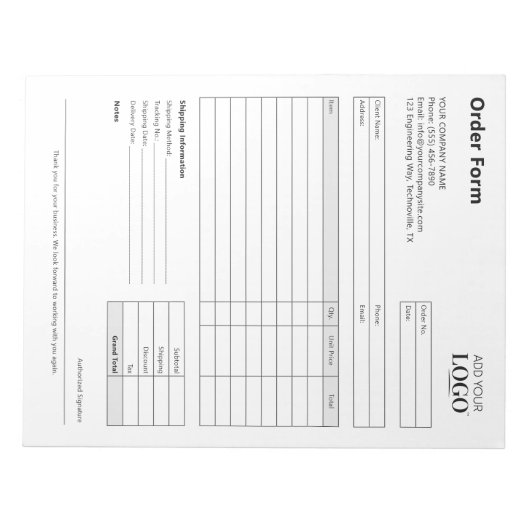 Bloc-note Formulaire de commande | Modèle modifiable pour pe (Devant)
