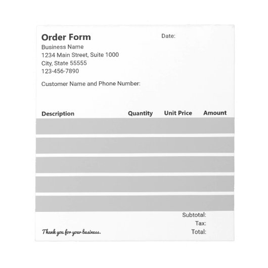 Bloc-note Formulaire de commande noir blanc clair (Devant)