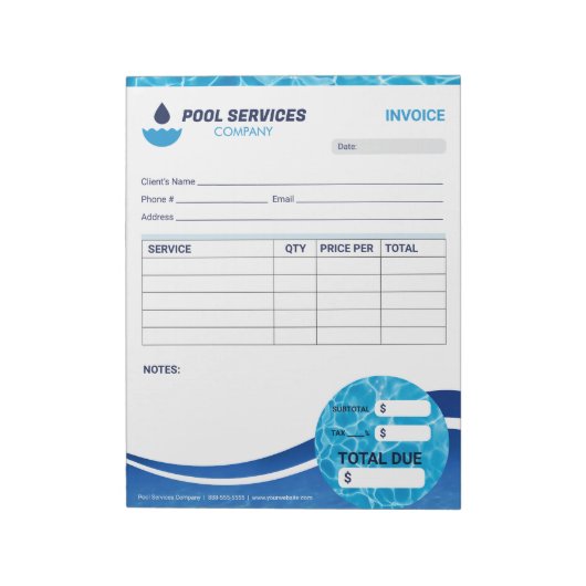 Bloc-note Formulaire de facture des services de piscine (Tourné)