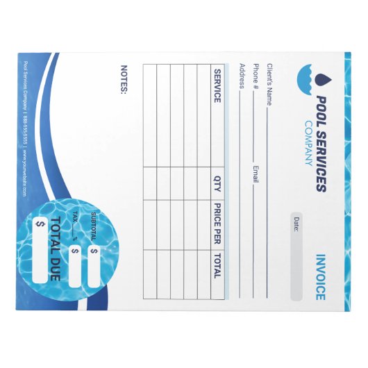 Bloc-note Formulaire de facture des services de piscine (Devant)