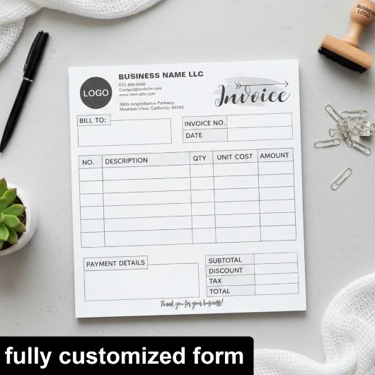Bloc-note Formulaire de facture personnalisé avec logo, Entr