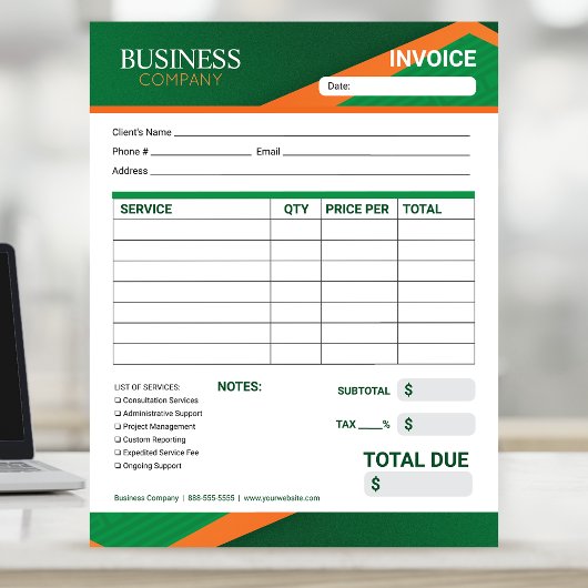 Bloc-note Formulaire de facture vert professionnel avec rayu