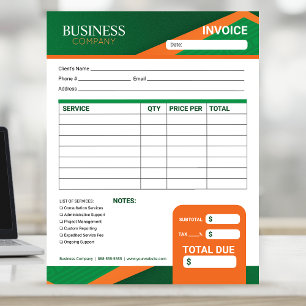Bloc-note Formulaire de facture vert professionnel avec rayu