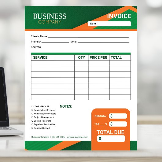 Bloc-note Formulaire de facture vert professionnel avec rayu