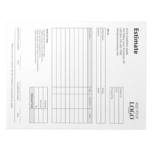 Bloc-note Formulaire d'estimation | Professionnel minimalist (Devant)