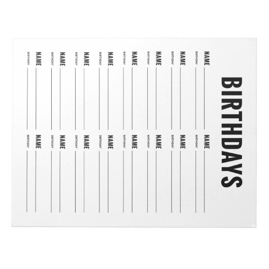 Bloc-note Formulaire d'organisation des anniversaires (Devant)