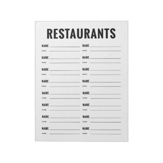 Bloc-note Formulaire d'organisation des restaurants (Tourné)