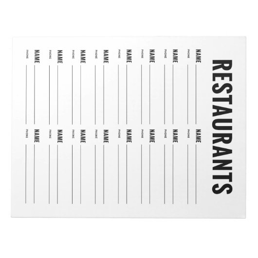 Bloc-note Formulaire d'organisation des restaurants (Devant)