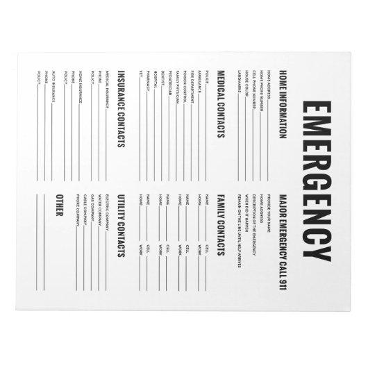 Bloc-note Formulaire d'organisation d'urgence (Devant)