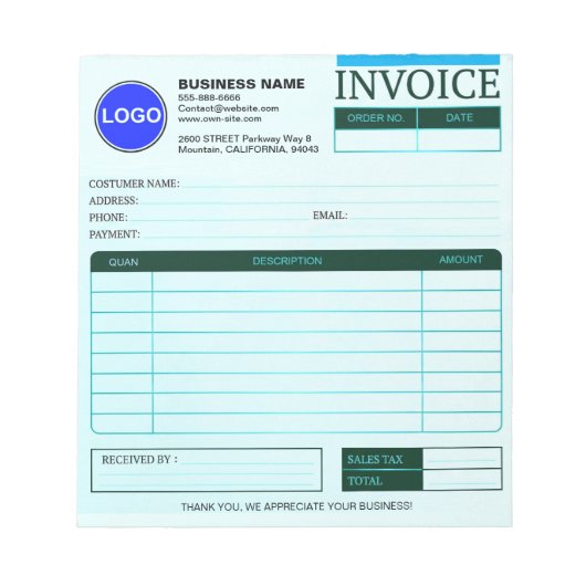 Bloc-note Formulaires de facture de commande de vente commer (Devant)