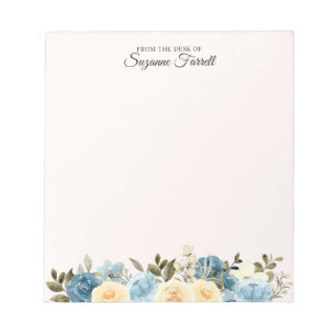 Bloc-note From the Desk of Name Watercolor Blue Floral
