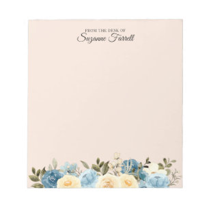 Bloc-note From the desk of Name Watercolor Blue Floral Peach