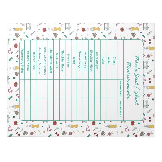 Bloc-note Fully Customizable Body Measurements Chart Notepad (Devant)