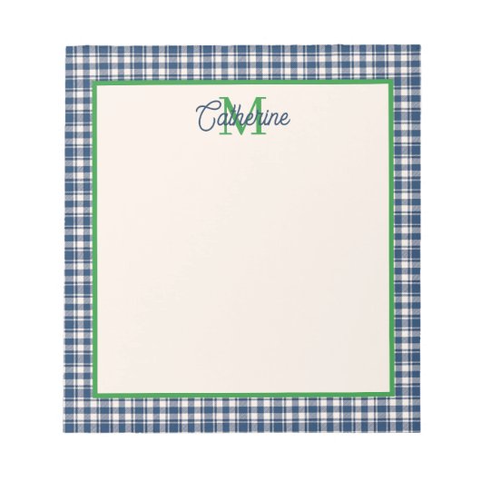 Bloc-note Gingham à carreaux bleu et vert Tartan Monogramme (Devant)