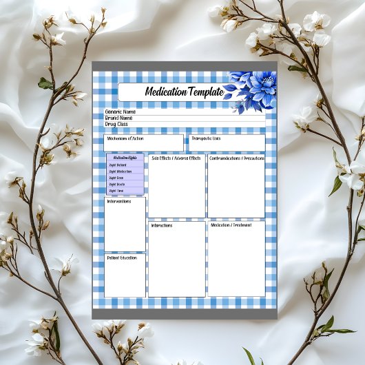 Bloc-note Gingham Floral Bleu _ Modèle de Médicament