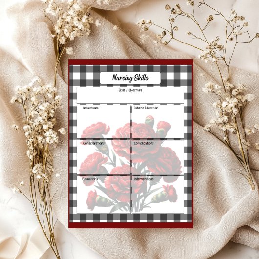 Bloc-note Gingham floral noir et blanc_ Compétences infirmiè