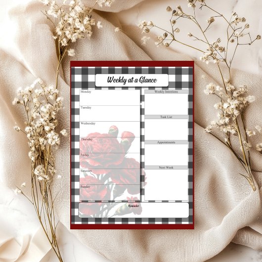Bloc-note Gingham floral noir et blanc _ Semaine en un coup