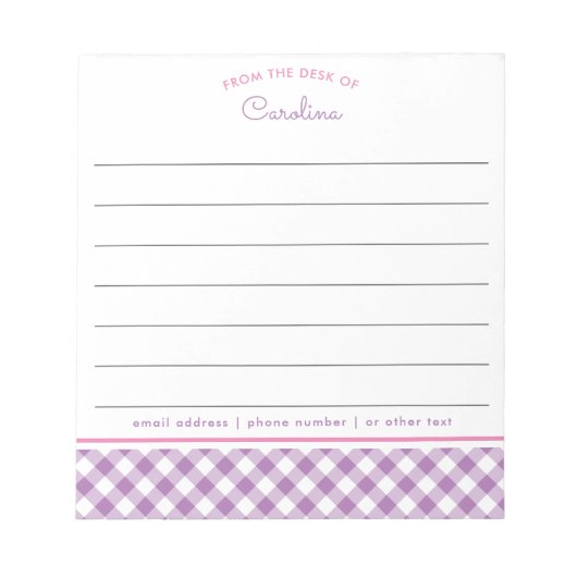 Bloc-note Girly Lavande Violet Et Rose Gingham Script (Devant)