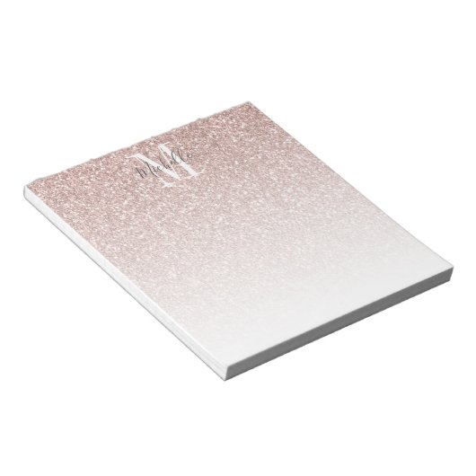Bloc-note Girly Rose Gold Blush Pink Glitter Monogram Name (Incliné)
