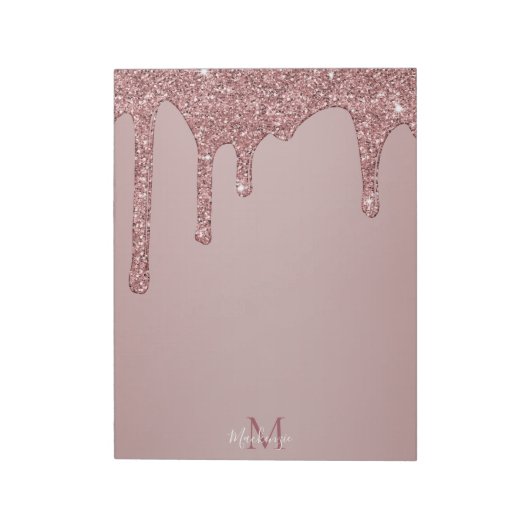 Bloc-note Girly Rose Gold Sparkle Glitter Drips monogram (Tourné)