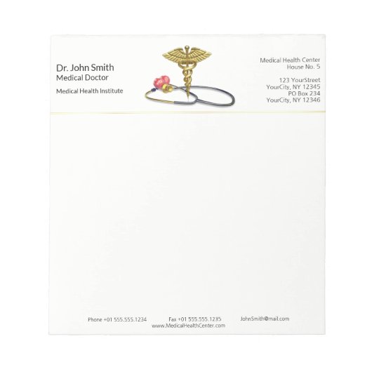 Bloc-note Gold Caduceus & Stethoscope with Heart Medical (Devant)