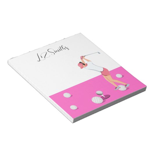 Bloc-note Golf avec nom pour femme golfeuse Thème rose (Incliné)