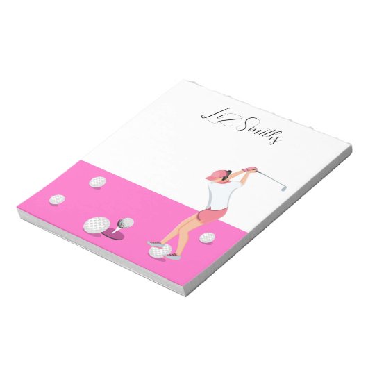 Bloc-note Golf avec nom pour femme golfeuse Thème rose (Tourné)