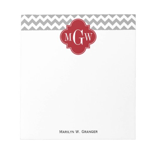 Bloc-note Gray Wht Chevron Cranberry Quatrefoil 3 monogram (Devant)