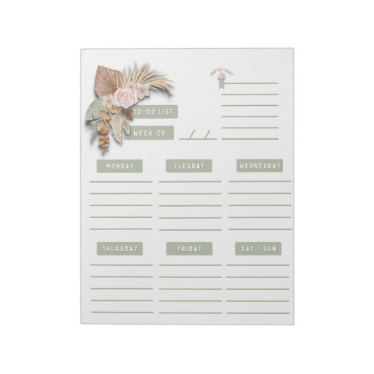 Bloc-note Green Pink Tan Floral Boho Weekly Planner Pages (Tourné)