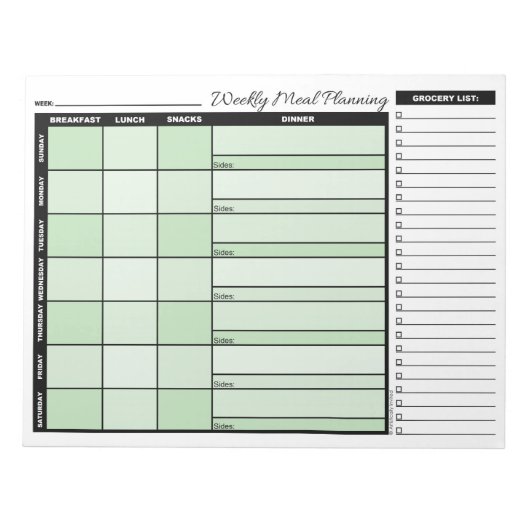 Bloc-note Green Weekly Meal Planner with Grocery List (Devant)