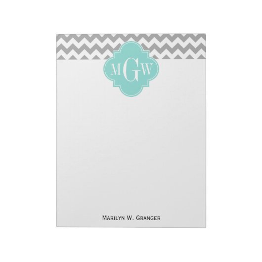 Bloc-note Gris Blanc Chevron Aqua Quatrefeuille 3 Monogramme (Tourné)