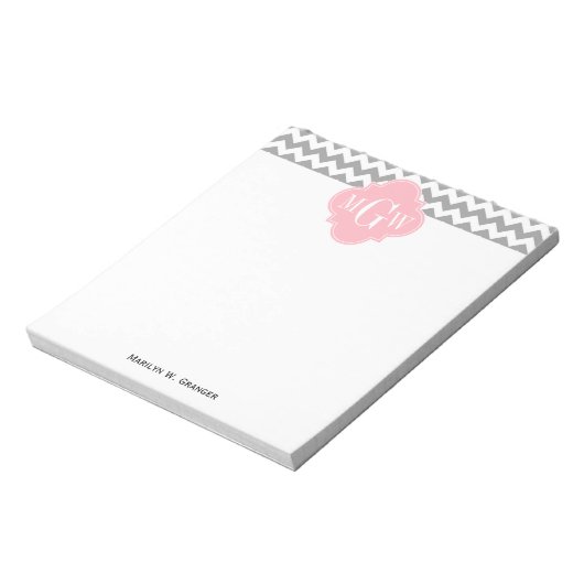 Bloc-note Gris blanc Chevron rose Quatrefoil 3 Monogramme (Tourné)