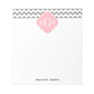 Bloc-note Gris Blanc Chevron Rose Quatrefoil 3 Monogramme