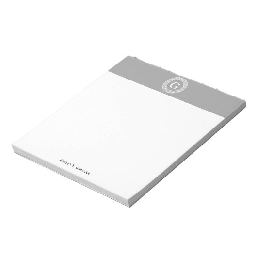 Bloc-note Gris foncé blanc clé grecque cadre Rnd initial Mon (Tourné)