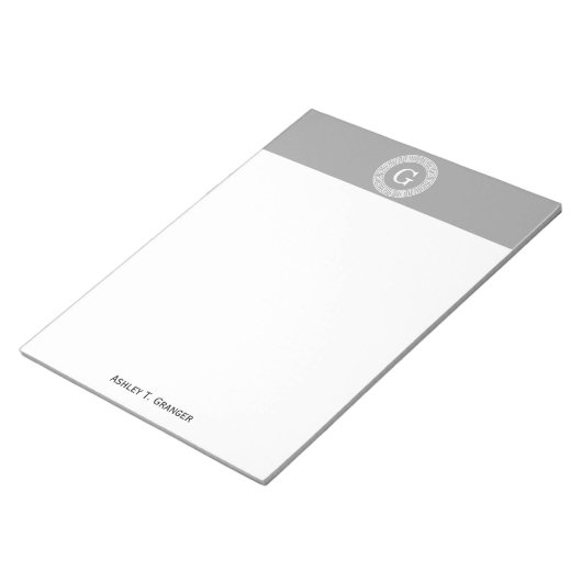 Bloc-note Gris foncé blanc clé grecque cadre Rnd initial Mon (Incliné)