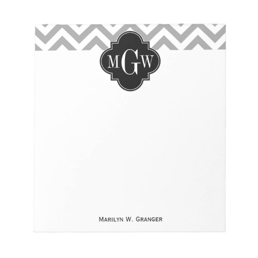 Bloc-note Gris foncé Lg Chevron Noir Quatrefoil 3 Monogramme (Devant)