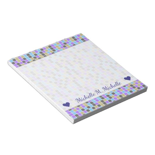 Bloc-note Gris, Violet, Beige, Carré Bleu/Carreaux Motif (Incliné)